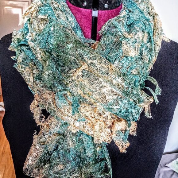 Beige Blue Chinese Silk Lace Oblong Scarf Wrap NWT - Picture 1 of 6